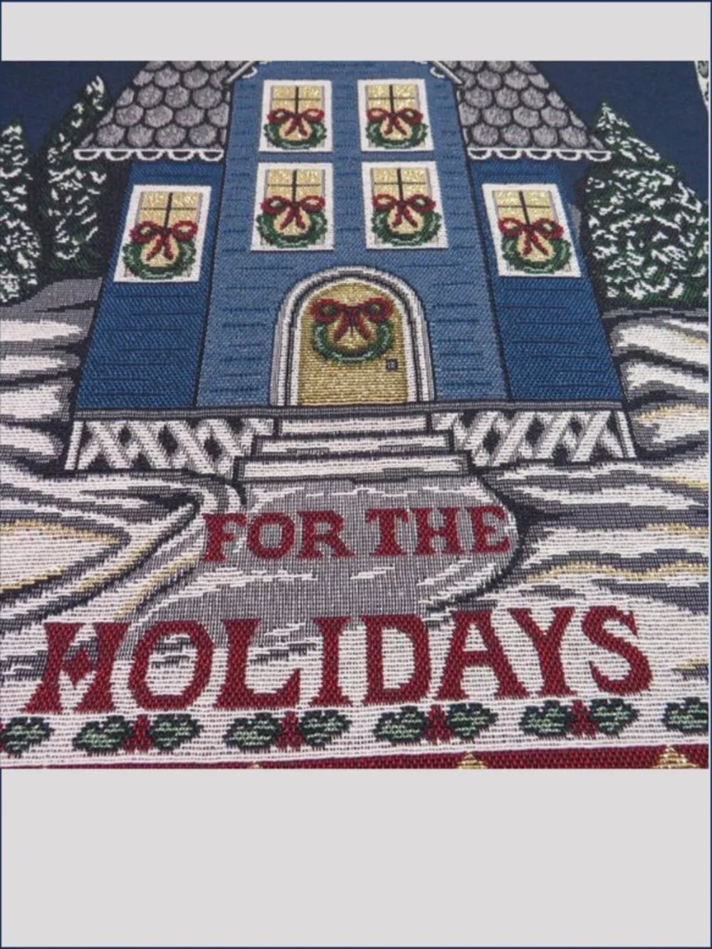 Vintage Home for the Holidays Blue Winter House Metallic Tapestry Panel 17x17